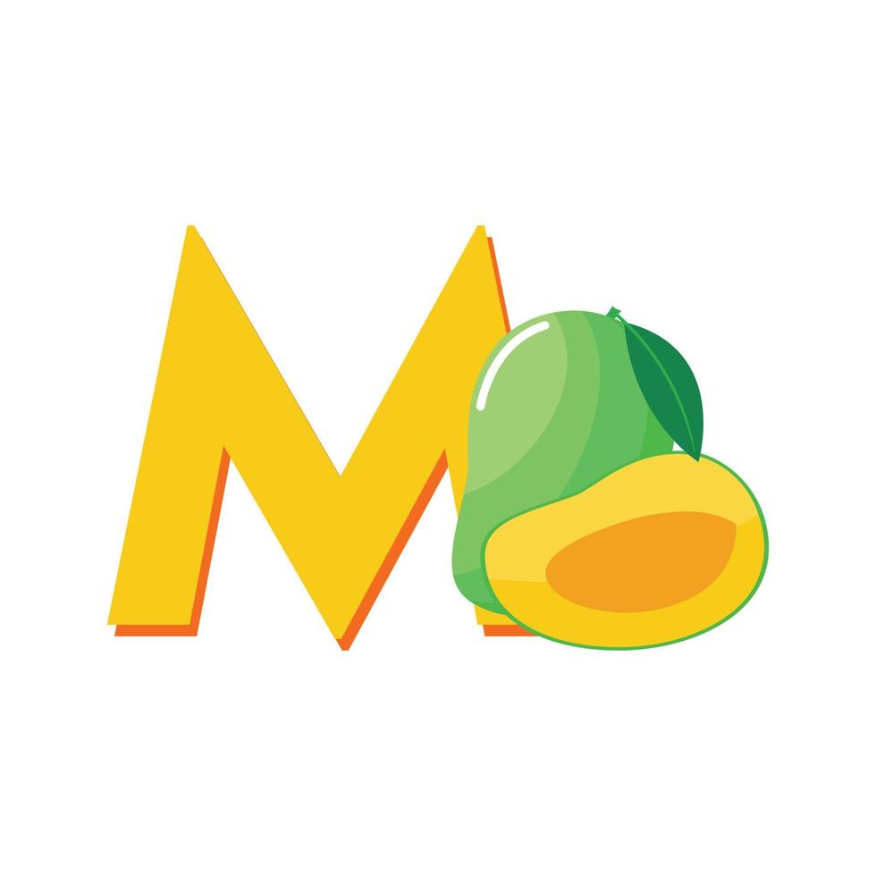 Letter M Alphabet Fruits Mango, Clip Art Vector, Illustration Isolated on a white background vector