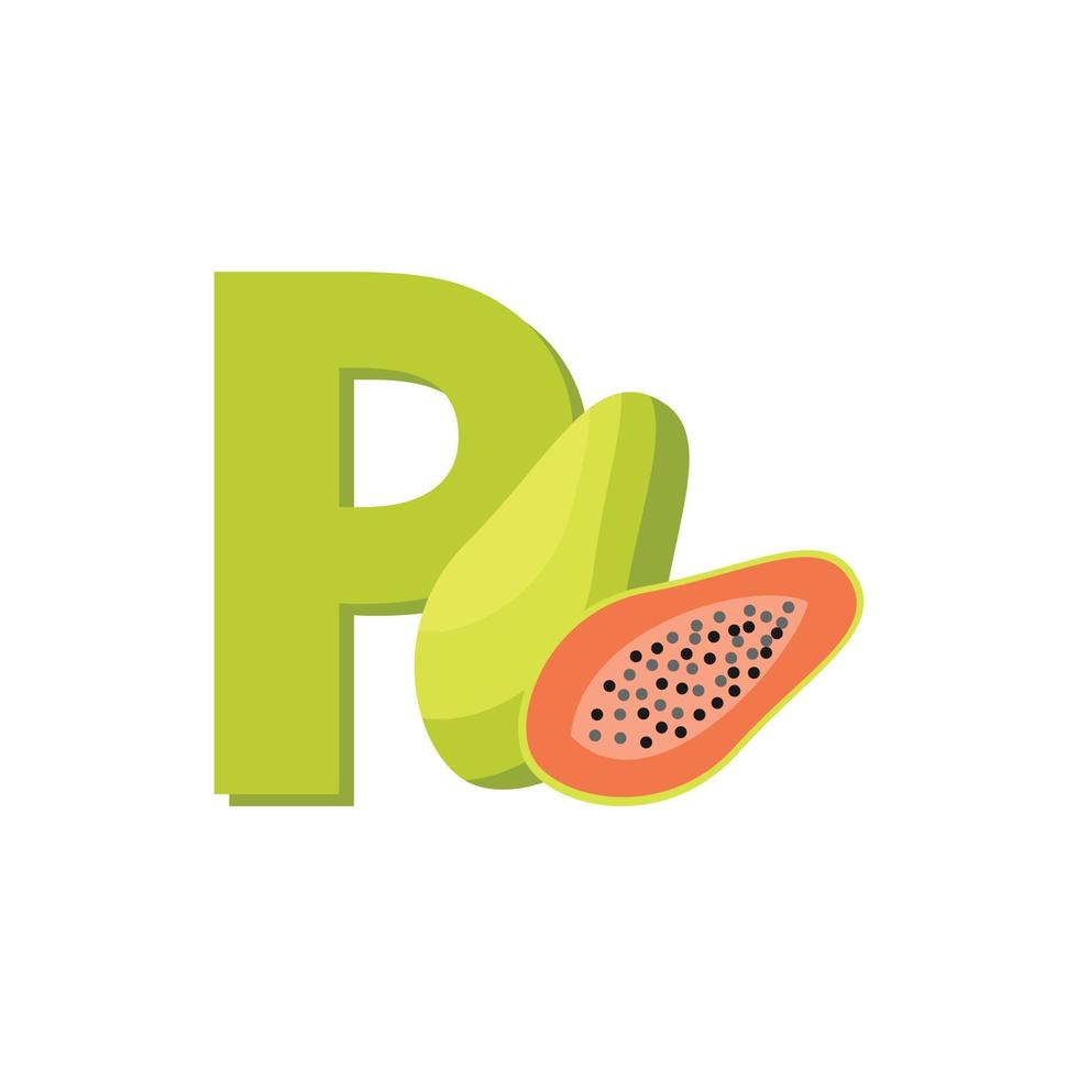 letra p alfabeto frutas papaya, vector de imágenes prediseñadas, ilustración aislada en un fondo blanco