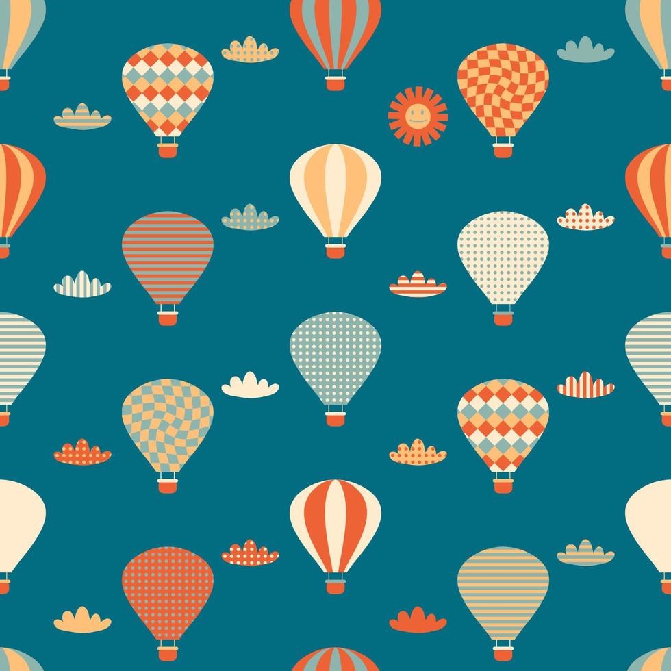 Seamless pattern with balloons, clouds and sun in the sky. vector