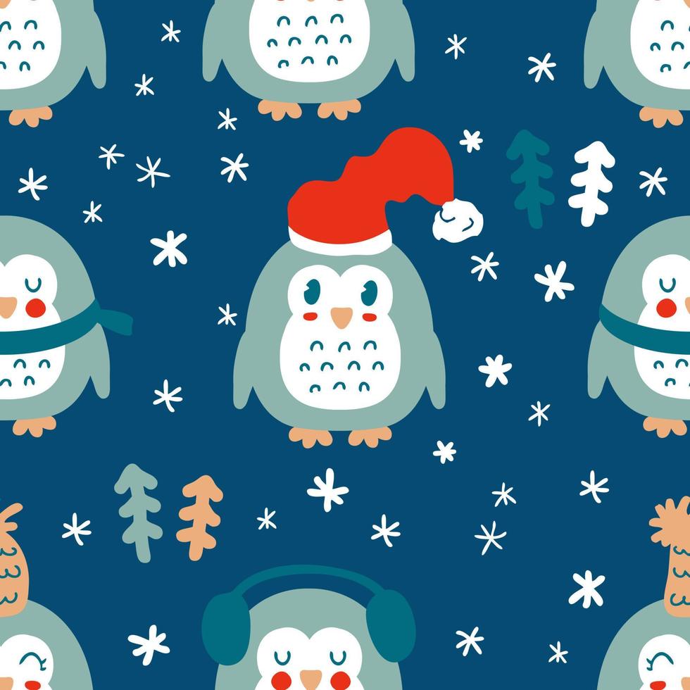 pingüinos de invierno con copos de nieve y patrones sin fisuras de árboles de Navidad. vector