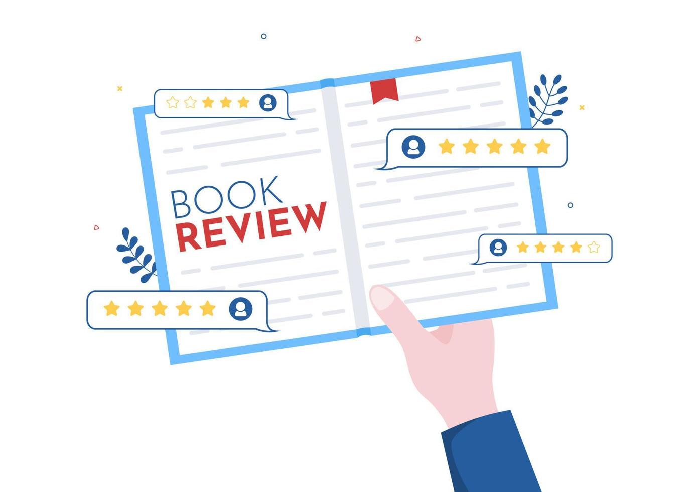 Book Review Template Hand Drawn Cartoon Flat Illustration with Reader Feedback for Analysis, Rating, Satisfaction and Comments About Publications vector