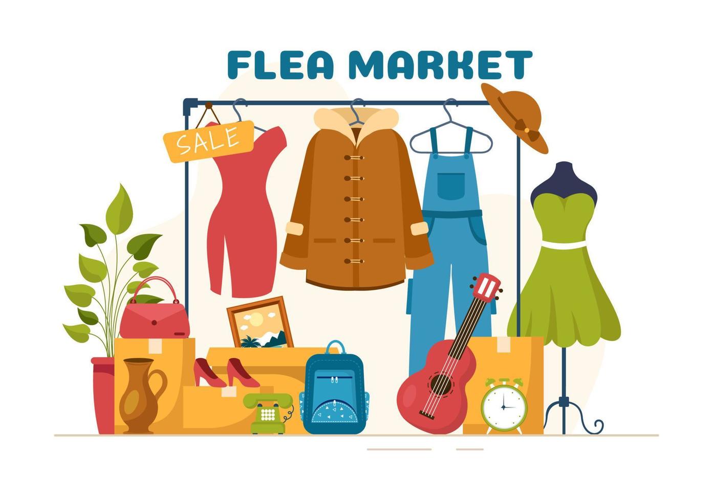 Flea Market Template Hand Drawn Cartoon Flat Illustration Second Hand Shop with Shoppers, Swap Meet, Sellers and Customers at Weekend vector