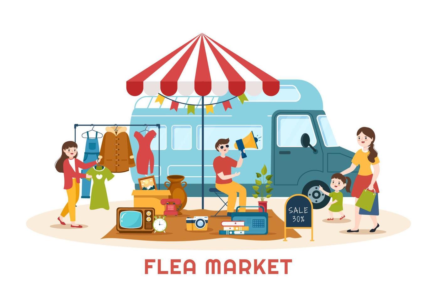 Flea Market Template Hand Drawn Cartoon Flat Illustration Second Hand Shop with Shoppers, Swap Meet, Sellers and Customers at Weekend vector