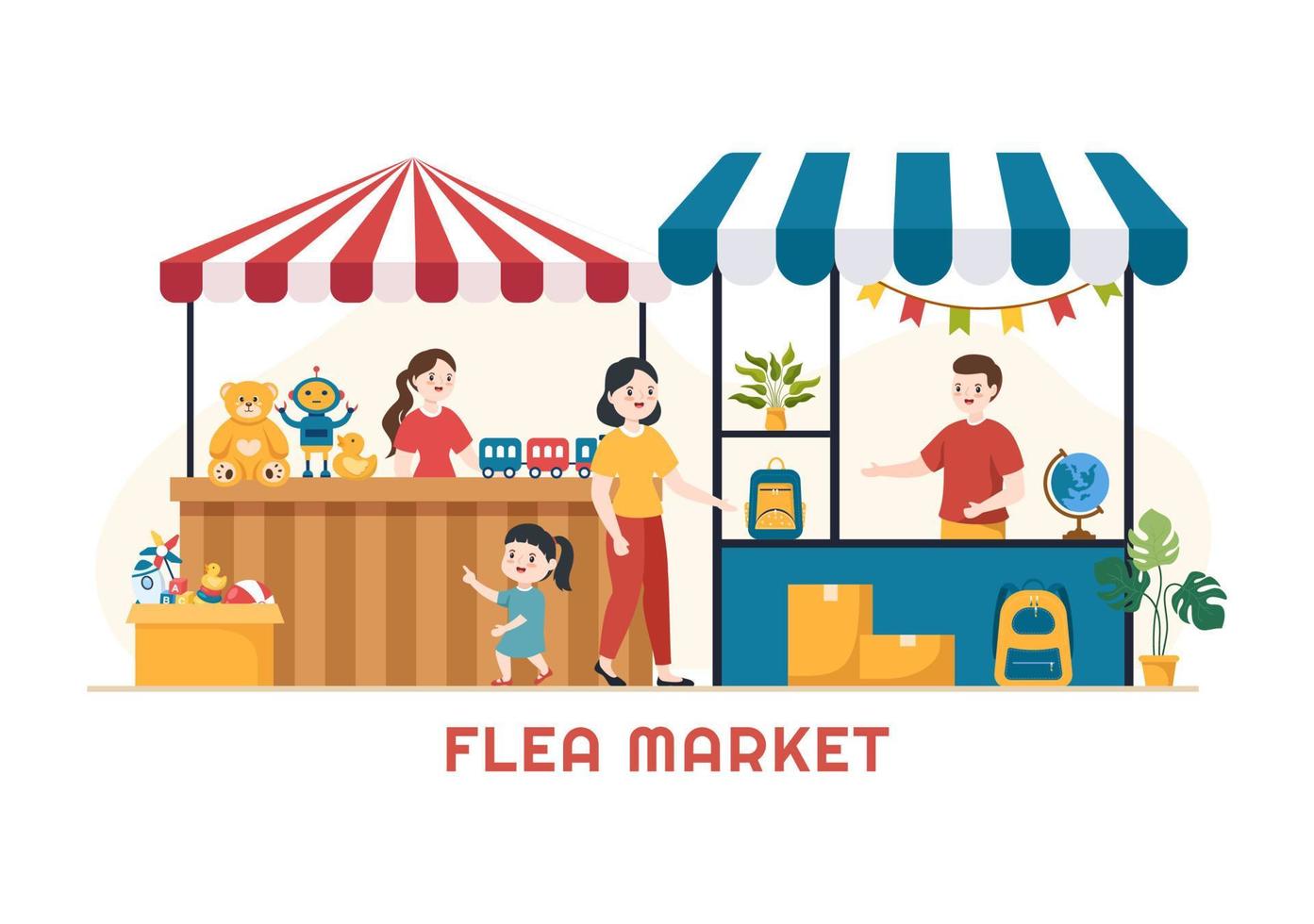 Flea Market Template Hand Drawn Cartoon Flat Illustration Second Hand Shop with Shoppers, Swap Meet, Sellers and Customers at Weekend vector