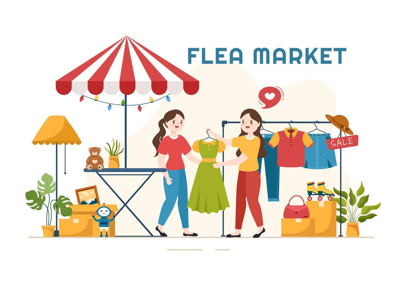 Flea Market Template Hand Drawn Cartoon Flat Illustration Second Hand Shop with Shoppers, Swap Meet, Sellers and Customers at Weekend vector