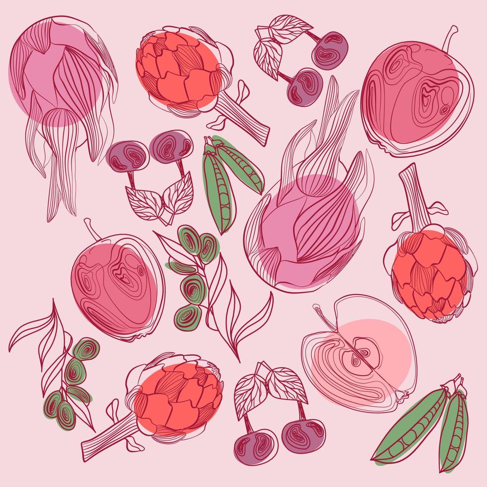 Fruit and vegetables on a pink background in doodle technique vector