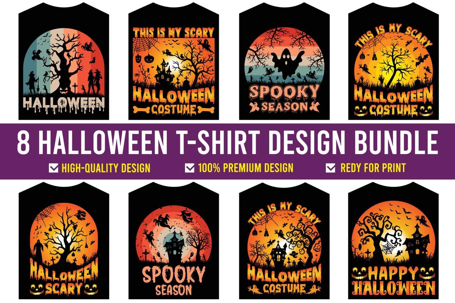 Halloween t-shirt bundle. Horror hand devil t-shirt design. Beautiful and eye-catching Halloween vector cartoon-style of Horror hands, devils, pumpkins, witches, cats, bats, and much more.