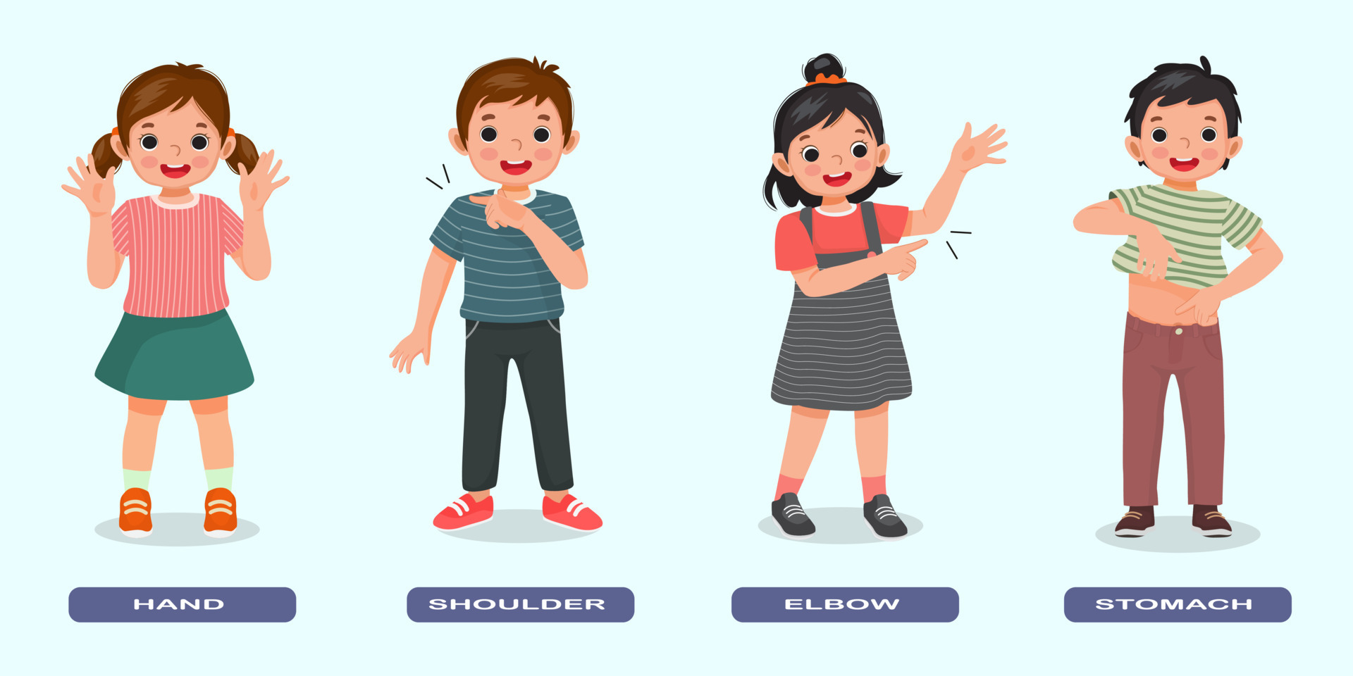 cute kids showing by pointing different body parts of human anatomy