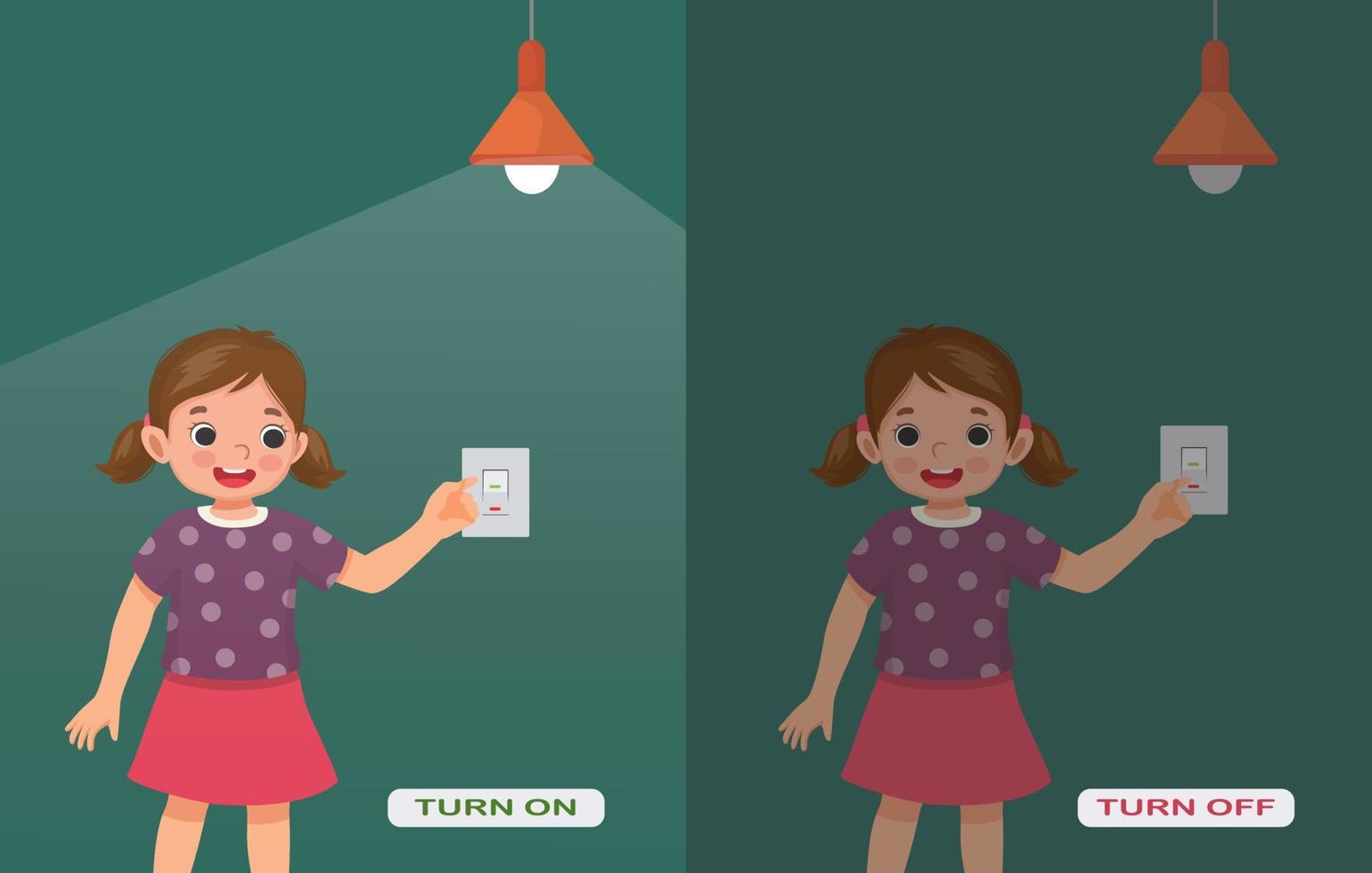 Opposite adjective antonym words turn on and turn off illustration of little girl switch on and off the light explanation flashcard with text label vector
