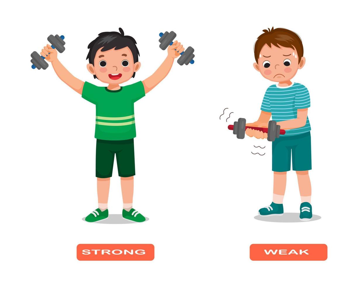 adjetivo opuesto antónimo palabras fuertes y débiles ilustración de niños sosteniendo pesas tarjeta explicativa con etiqueta de texto vector
