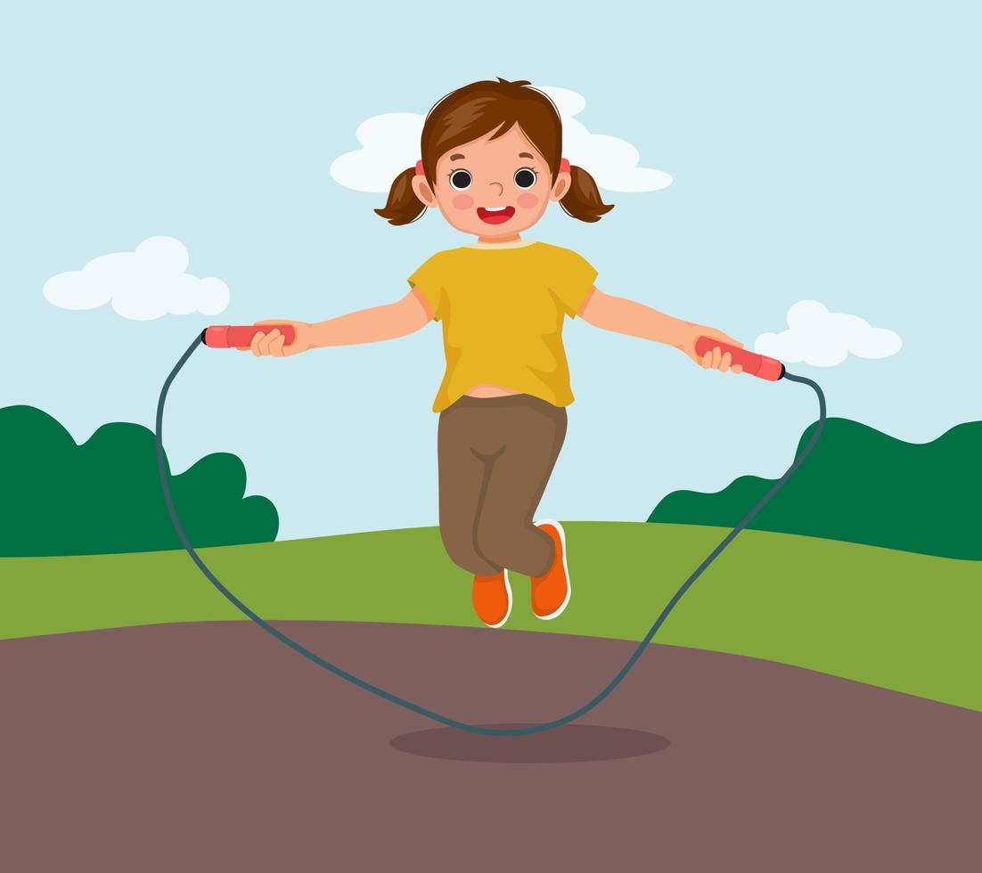 niña feliz saltando la cuerda en el parque vector