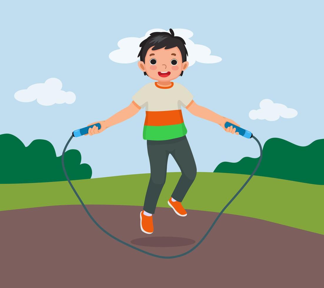 happy little boy skipping jumping rope at the park vector