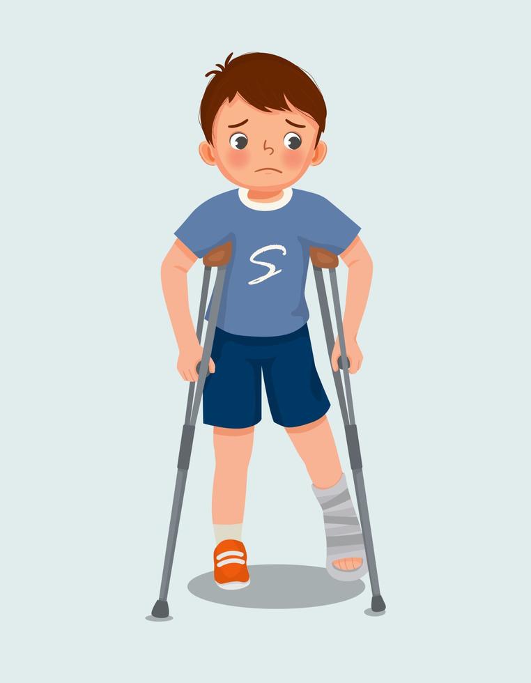 cute little boy has broken fracture leg with bandage cast on leg walking using crutches vector