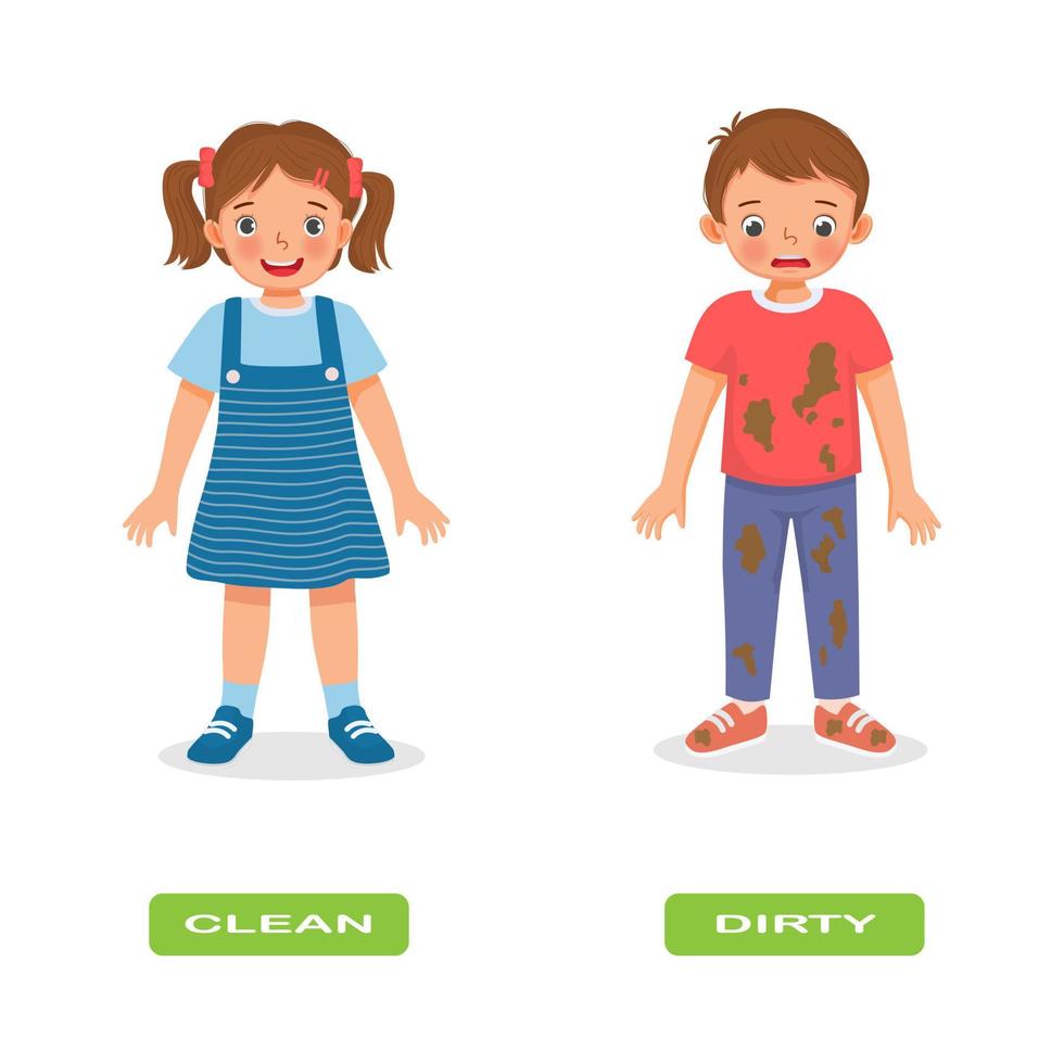 Opposite adjective antonym clean and dirty words illustration of kids clothes explanation flashcard with text label vector