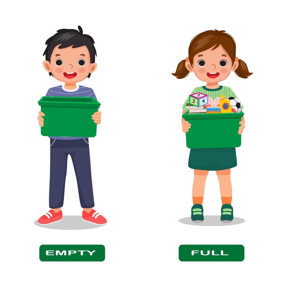 Opposite adjective antonym empty and full illustration of kids holding boxes explanation flashcard with text label vector