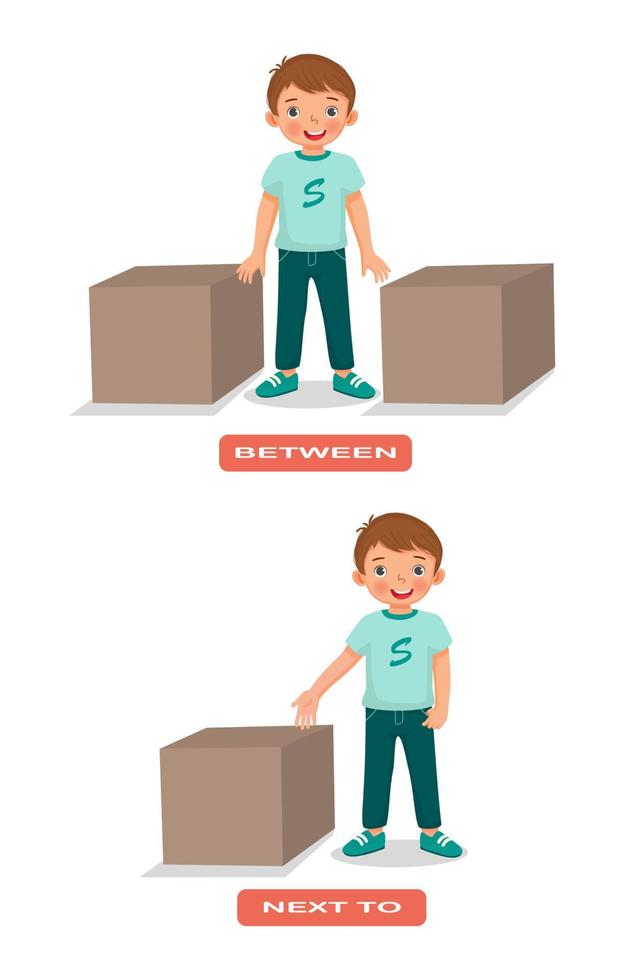 Preposition of place illustration little boy standing between and next to the box English vocabulary words flashcard set for education vector