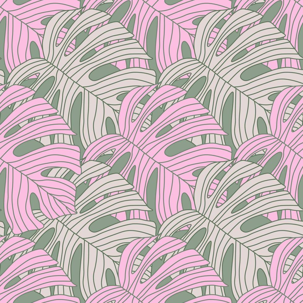 Contoured outline monstera silhouettes seamless pattern. Palm leaves endless background. Botanical wallpaper. vector