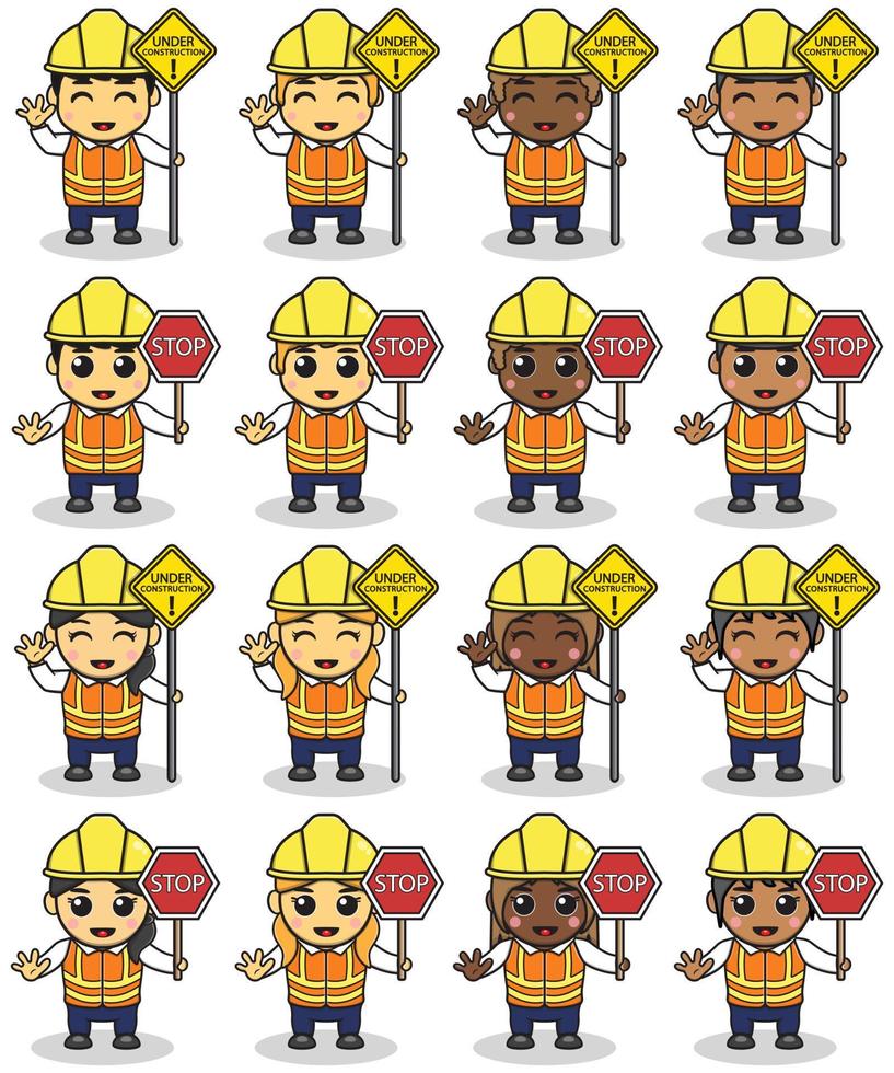 Vector Illustration of Cute construction Kids with Construction site sign board . Childrens with construction tools making job working builders. Kids Construction cartoon. Flat vector cartoon.