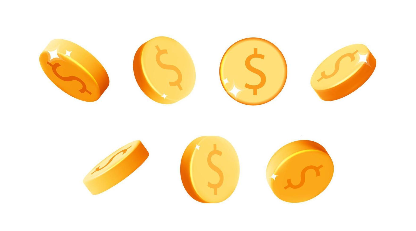 Set of 3d vector gold dollar coins in different positions icon design