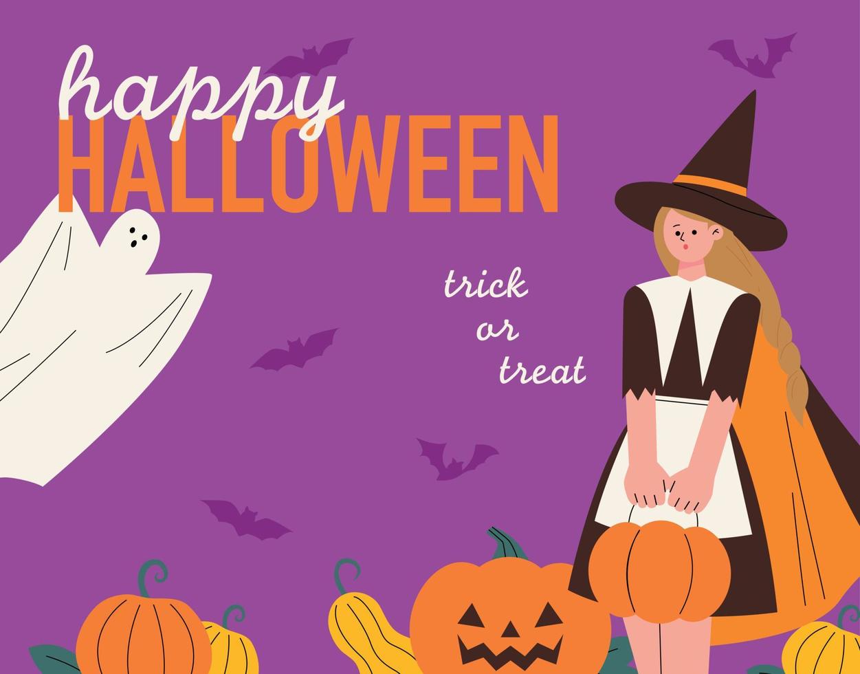 Halloween poster with cute witch holding a basket of pumpkins and flying ghosts. vector