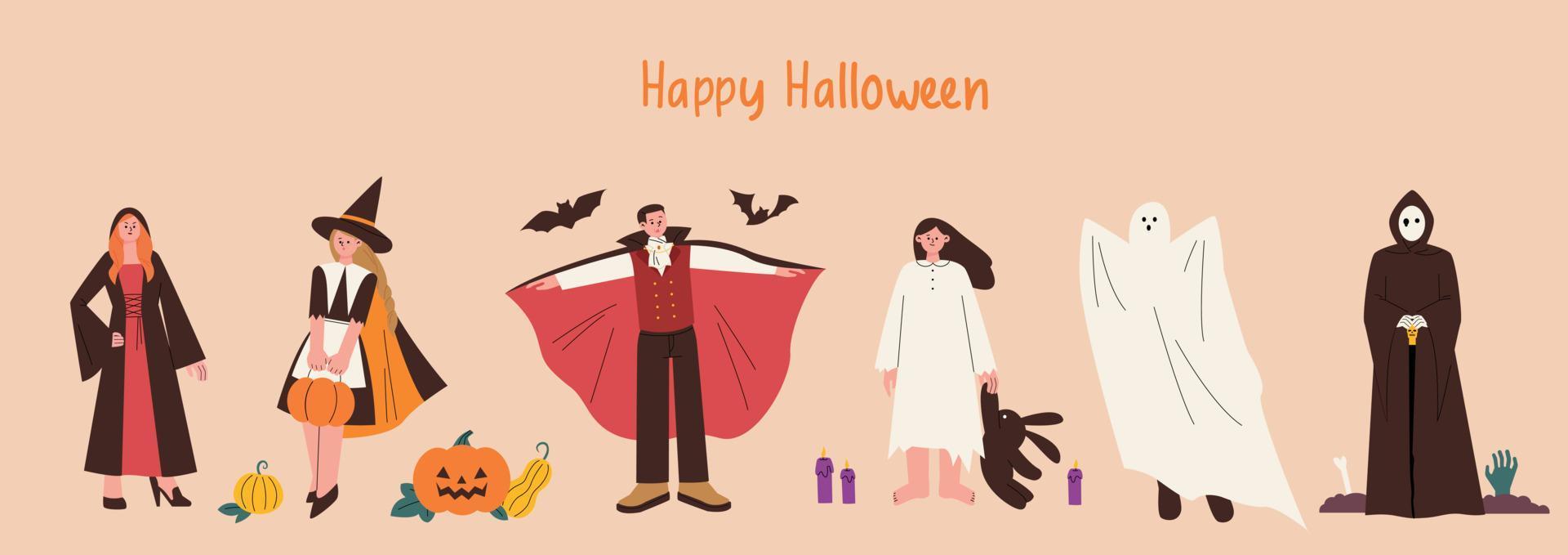 gente en disfraces de halloween. mago, bruja, vampiro, fantasma, segador. ilustración vectorial de estilo de diseño plano. vector