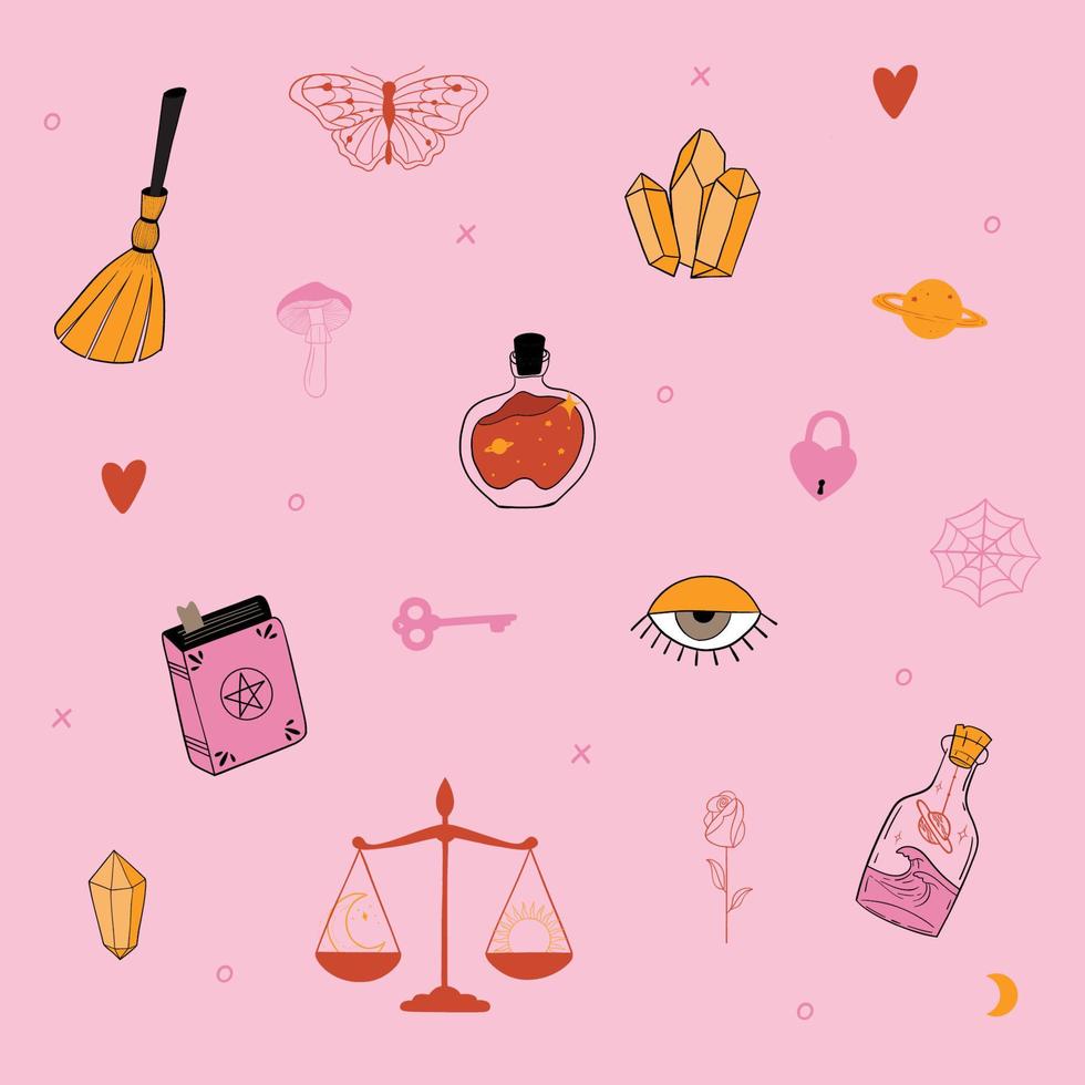Collection of magic items on a pink background. Plants, magick book, broom, eye, poison bottles, mushrooms, scales, butterfly. Hand drawn vector illustration