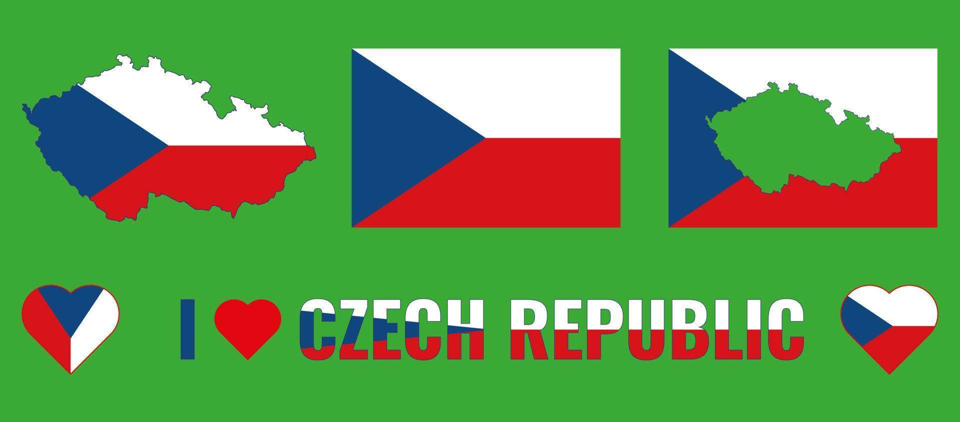 conjunto de ilustraciones vectoriales con bandera de la república checa, mapa de contorno del país y corazón. concepto de viaje vector