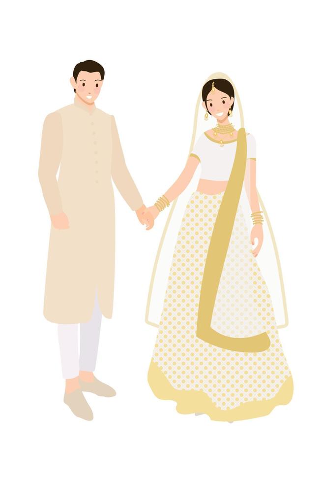 hermosa pareja india novia y novio en vestido de boda tradicional sari vector