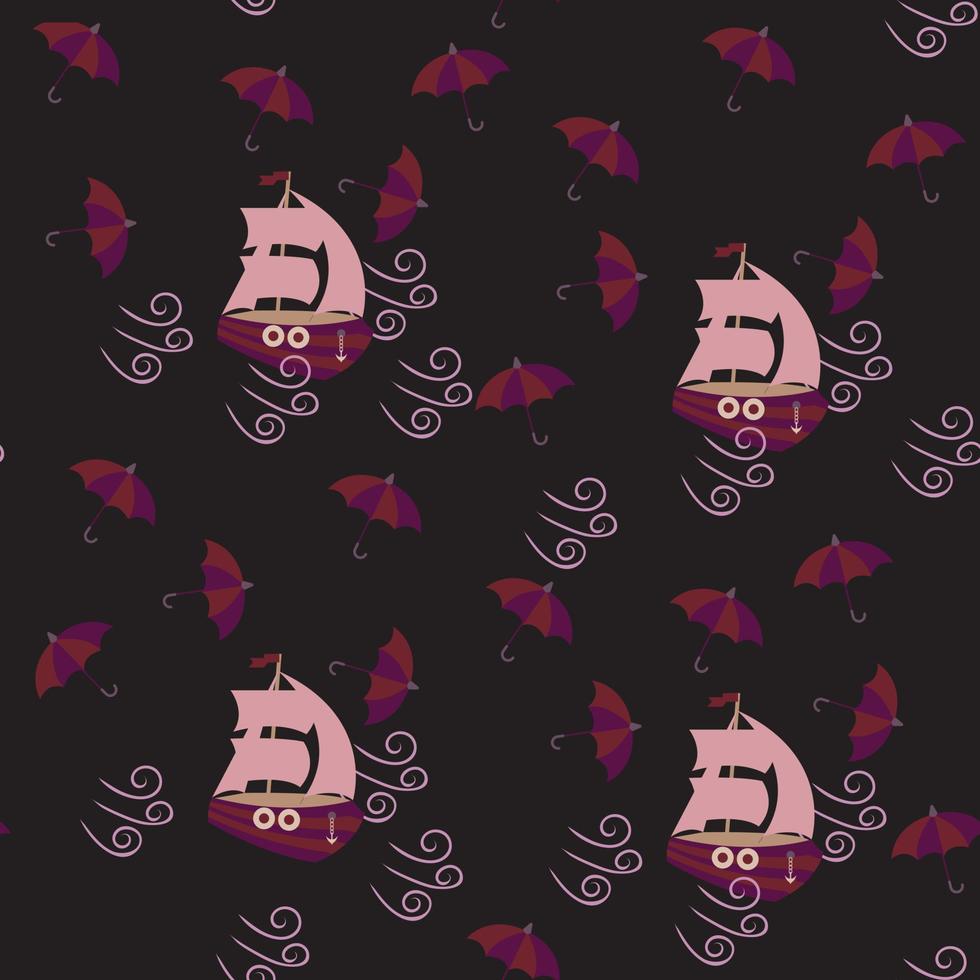 Sailing boat and umbrella in the wind. Seamless pattern. Vector illustration.