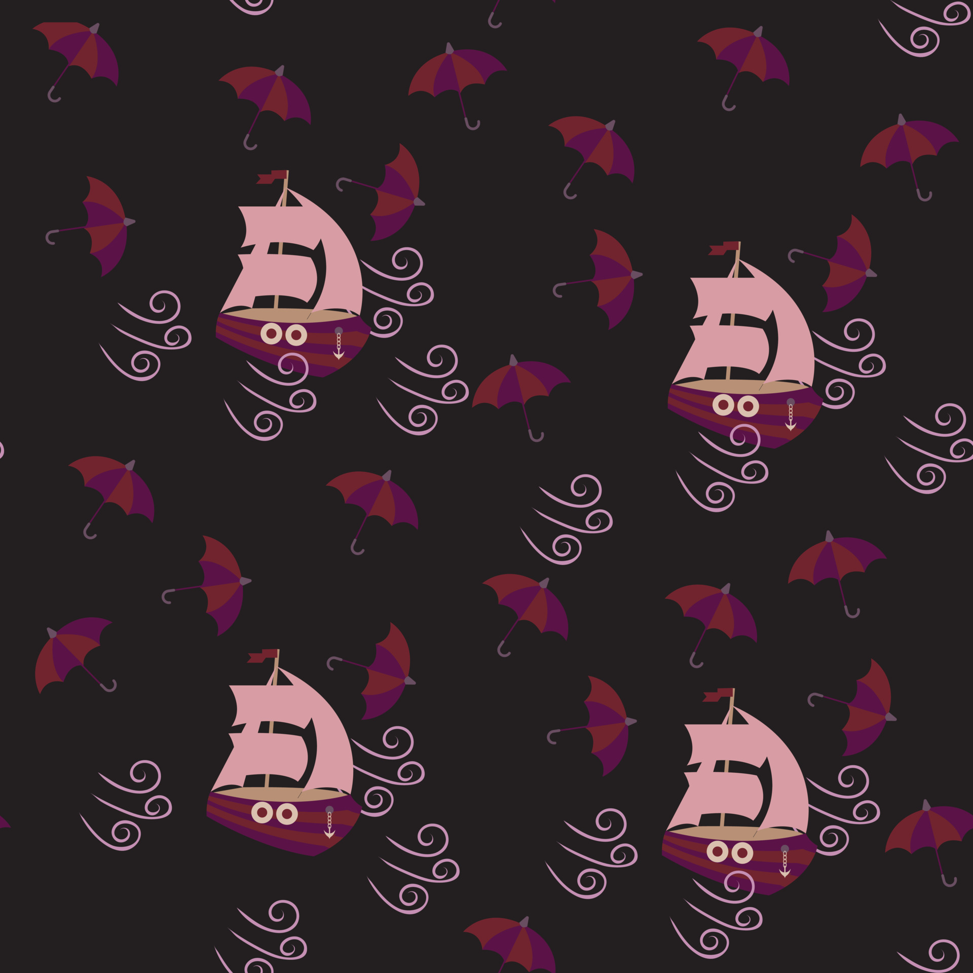 Sailing boat and umbrella in the wind. Seamless pattern. Vector