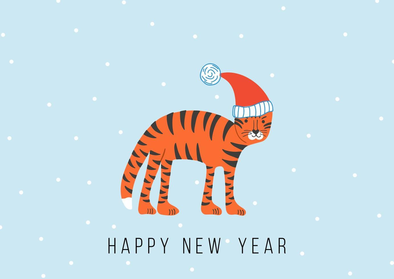 Happy New Year. Tiger, great design for winter holidays cards, banners and prints. Cartoon style vector illustration.