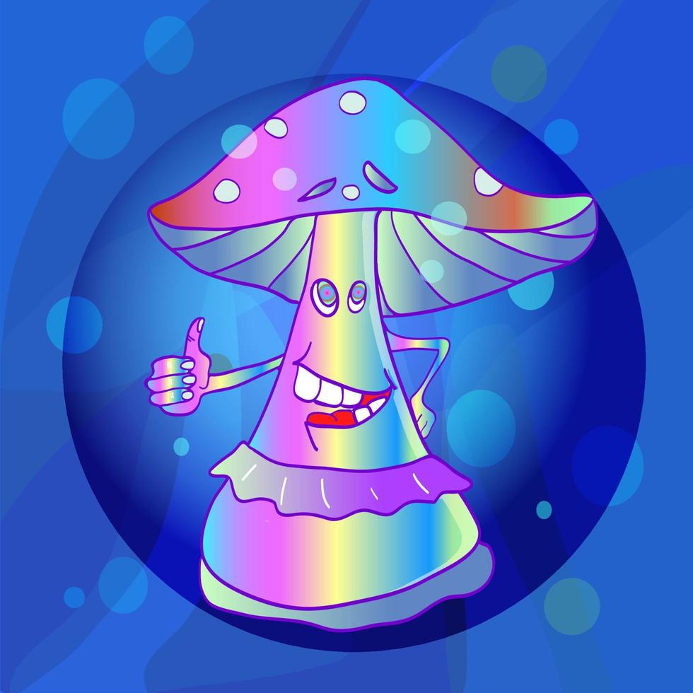 Vibrant colorful mushroom on a blue fluorescent background. Psychedelic hippie vector illustration. Style of 60s.