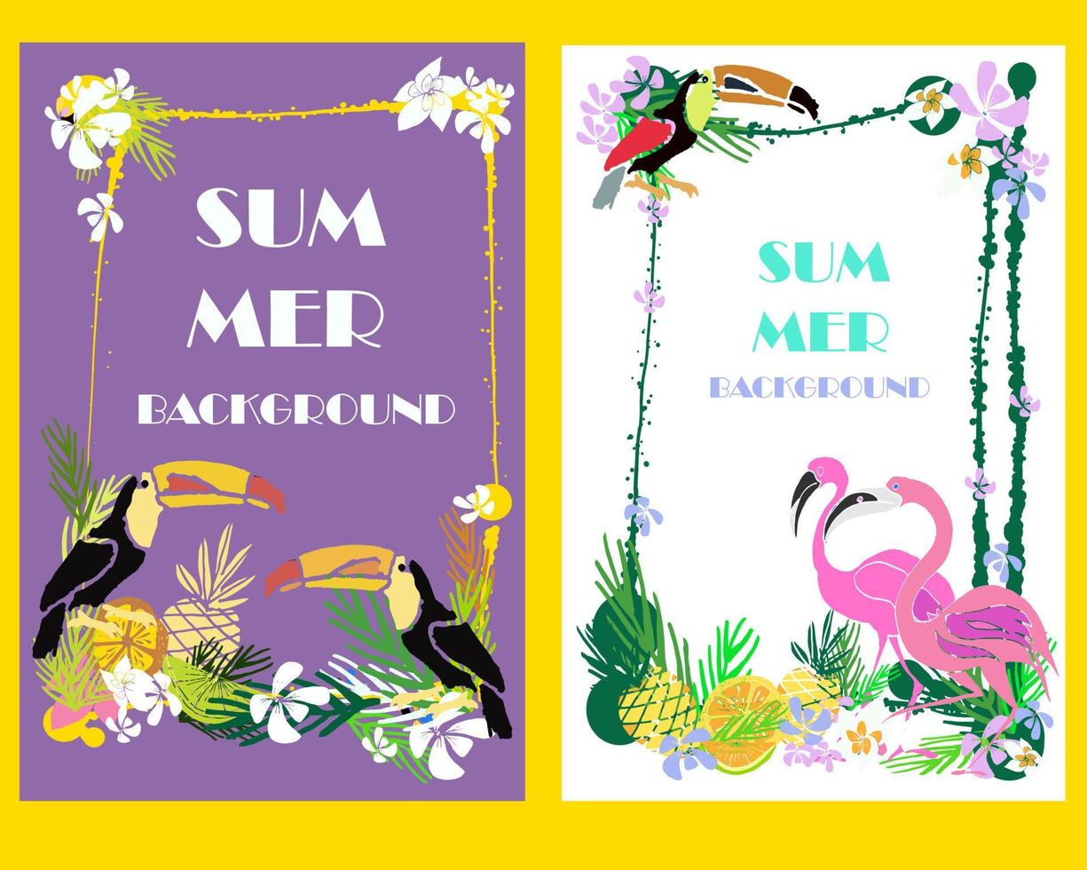 Vector set of Summer bright tropical backgrounds with fruits, palms, flamingo, toucans.