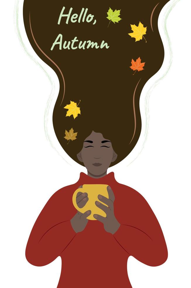 una chica de piel oscura con el pelo largo y oscuro con una taza en las manos, la inscripción hola otoño, vector plano, aislar en blanco, hojas de otoño, colores de otoño