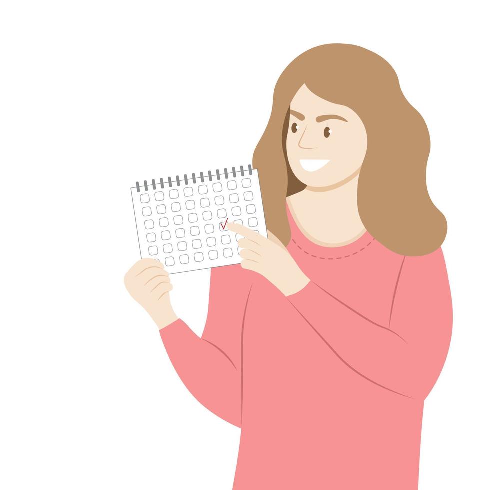 la niña mira el calendario y señala la fecha, vector plano, aislado en blanco, una mujer con un calendario en las manos