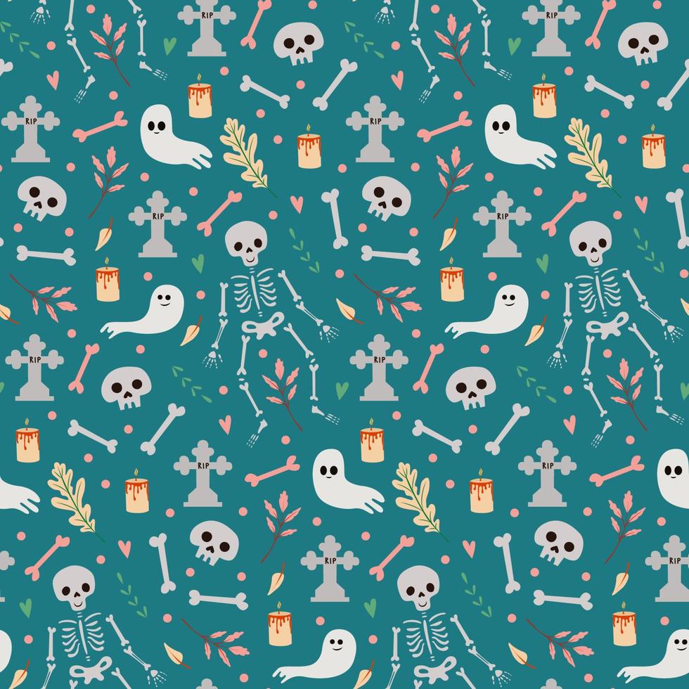 White skeleton and ghosts on green vector seamless pattern. Halloween background for decoration