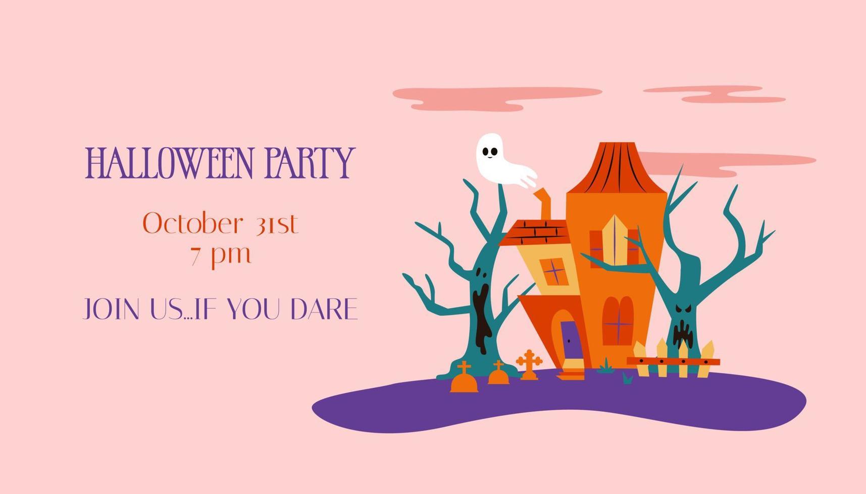 Halloween party intitation with haunted house. Spooky illustration of creepy trees, ghost and house with copy space vector