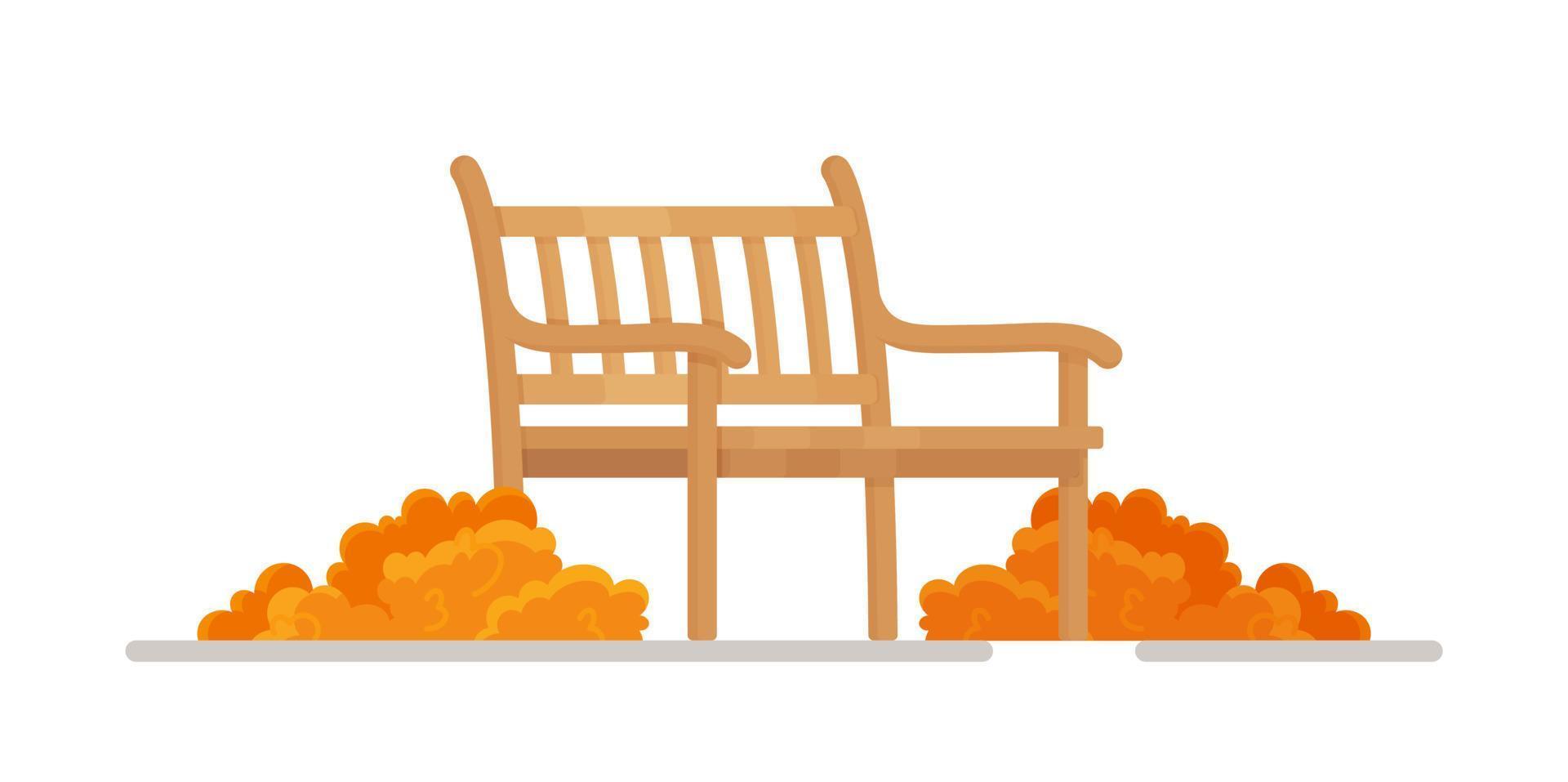 Wooden bench with two piles of dry leaves - a place of rest and relaxation in the park, outside. Vector illustration of an autumn walk.