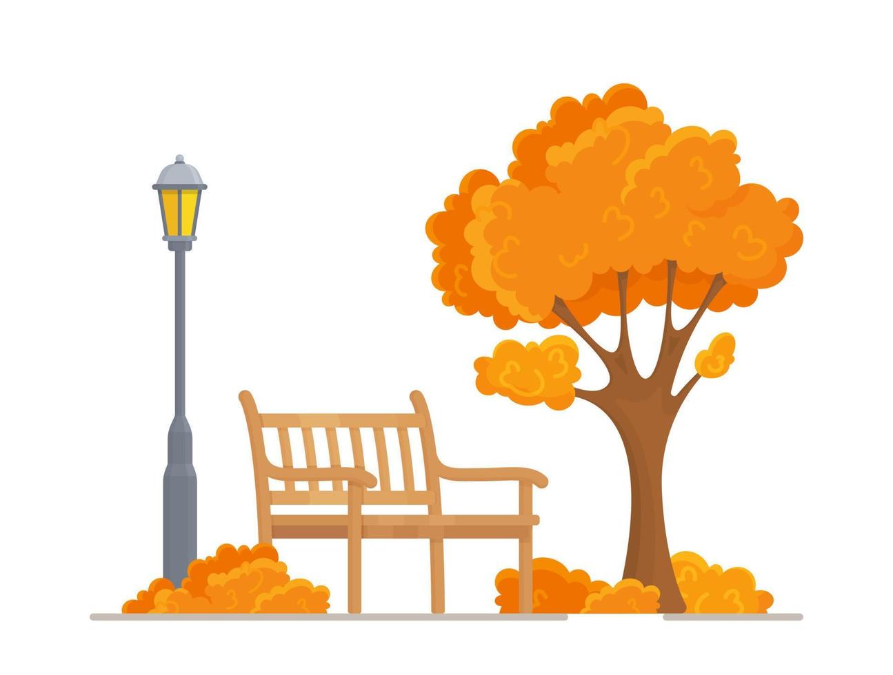 Vector illustration of a beautiful autumn city park with an urban background. Bench, tree, lantern.