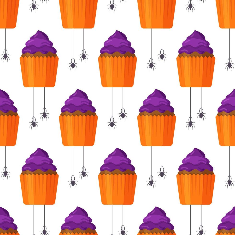 Vector illustration of halloween cupcakes pattern. Wrapping paper for holiday costume parties.