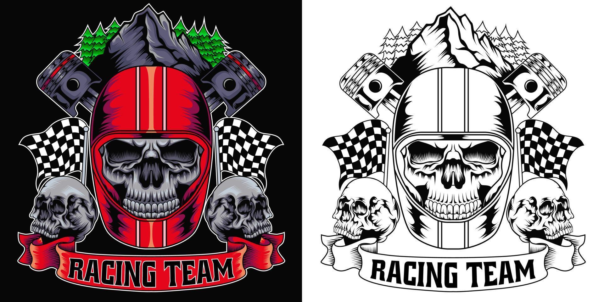 impresión de motocicleta vintage con calavera en casco de motocicleta y pistones cruzados y tipografía. vector