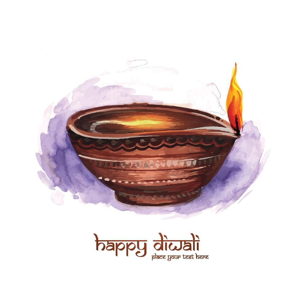 Illustration of watercolor burning diya on happy diwali holiday card background vector