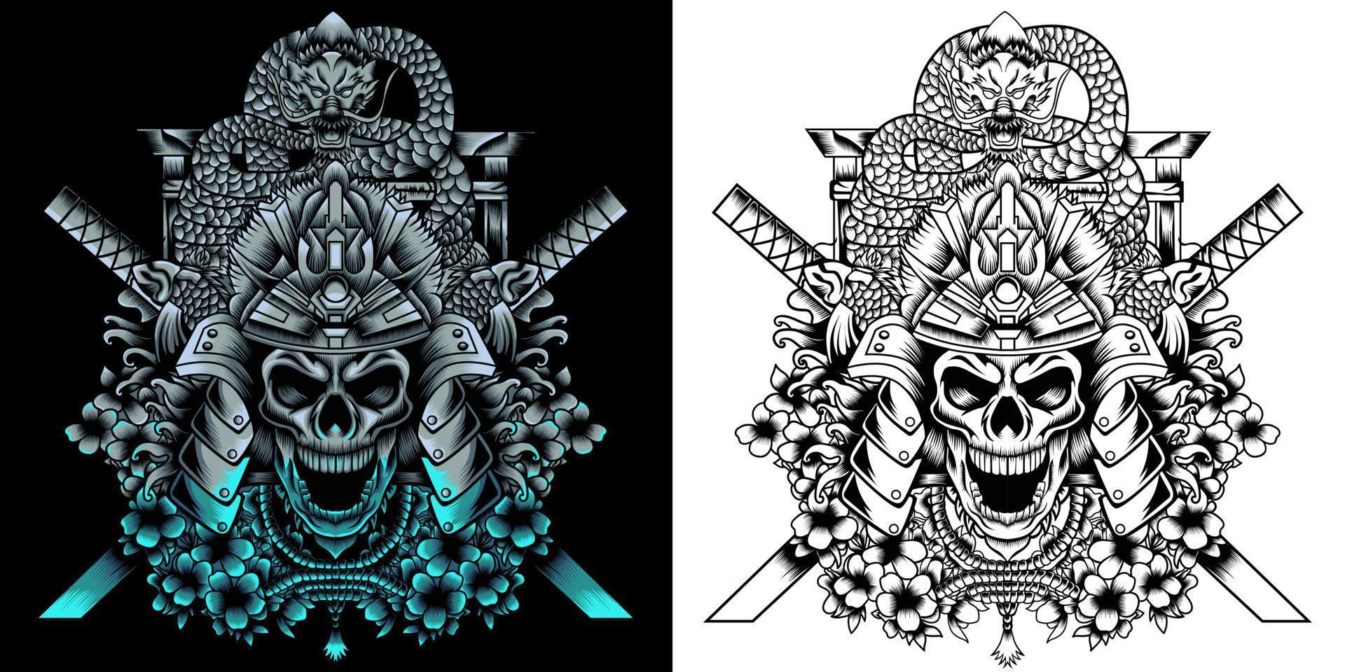 Samurai warrior skull with traditional japanese katana and dragon vector