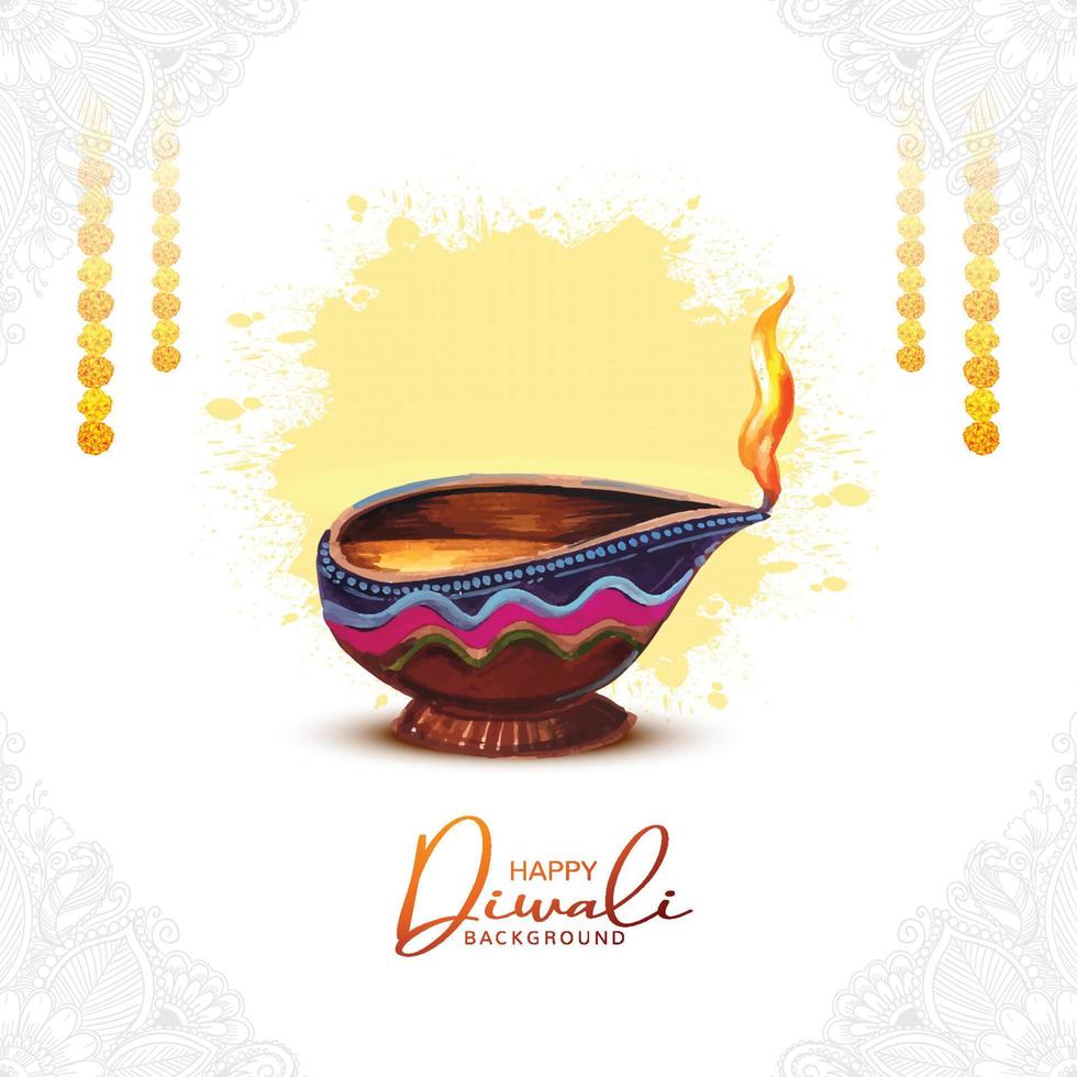 Illustration of watercolor burning diya on happy diwali holiday card background vector