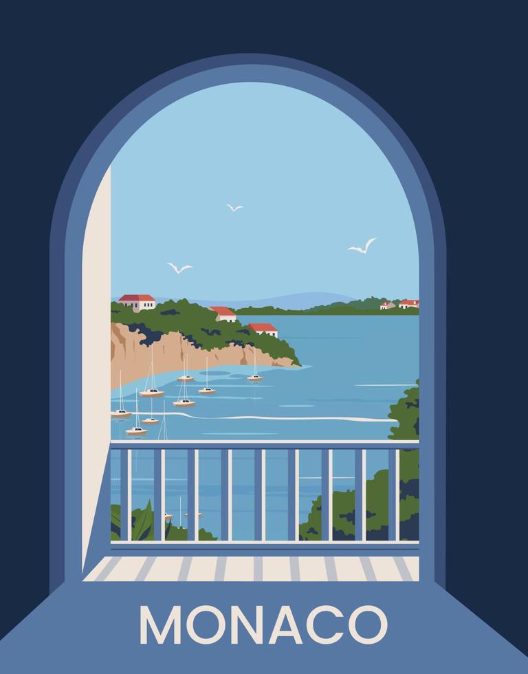 paisaje del cartel de mónaco. vista panorámica de la costa en las ventanas. ilustración vectorial con estilo minimalista. vector