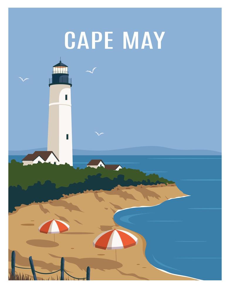 fondo del paisaje del faro de Cape May. viajar a nueva jersey. ilustración vectorial adecuada para póster, postal, impresión de arte vector