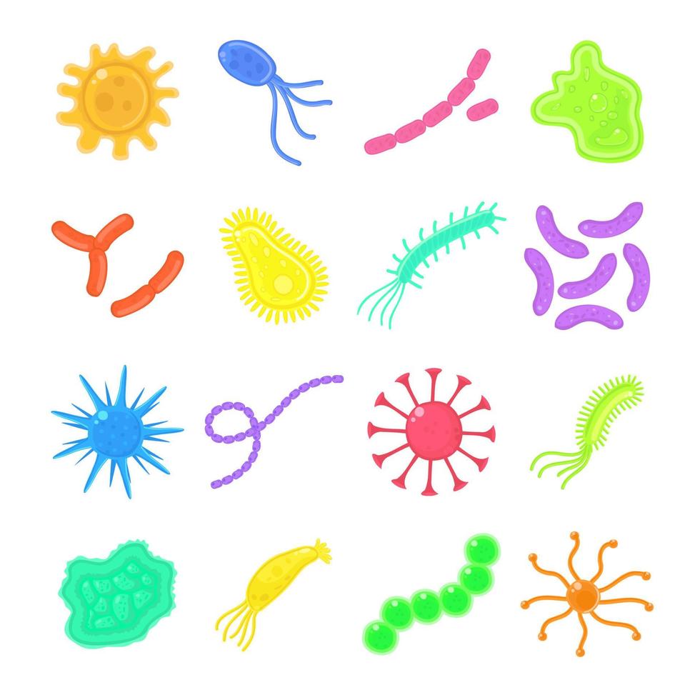 conjunto de bacterias coloridas, microbios, virus probióticos, células y bacilos. salud, gripe, enfermedad, enfermedad, concepto probiótico. ilustración vectorial de stock aislada sobre fondo blanco en estilo de dibujos animados planos vector