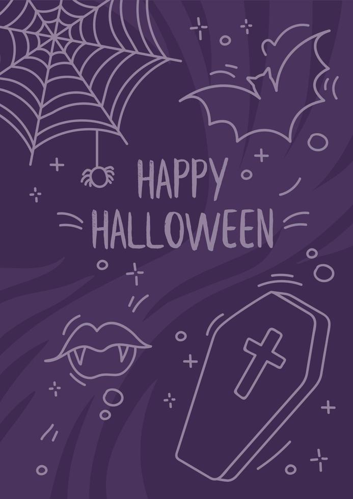 Dark purple happy Halloween flyer. Spooky doodle elements such as coffin, bat, vampire fangs. Can be used as invitation or greeting card. Stock vector illustration in sketch outline style.