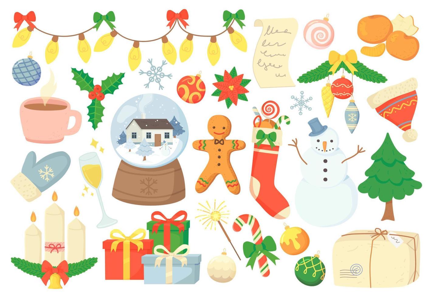 Cozy doodle Christmas elements decoration and symbol set. Gift, christmas globe, snowman, gingerbread man, Christmas tree and toys. Winter holidays concept. Stock vector illustration in cartoon style