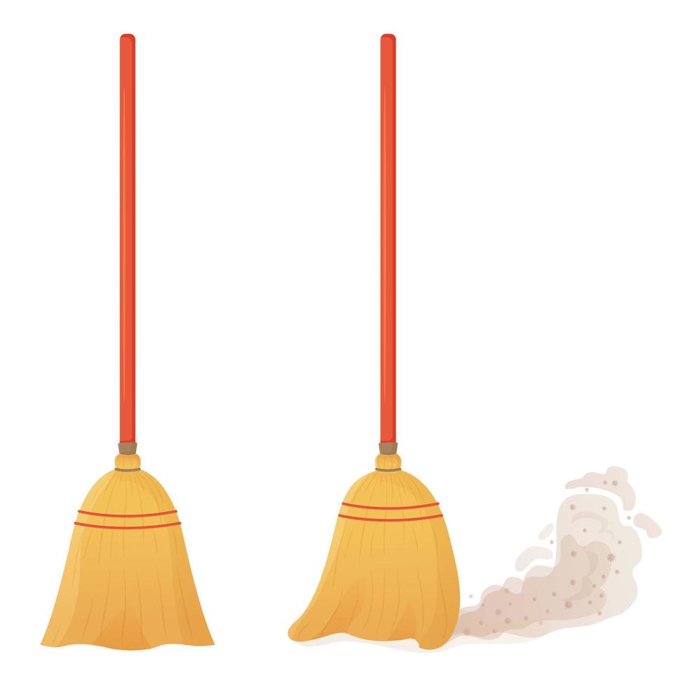 Cartoon broom set. A broom sweeps dust and dirt. Equipment and tools for cleaning the element isolated on a white background. Household, cleaning services, housewives,concept. Vector illustration